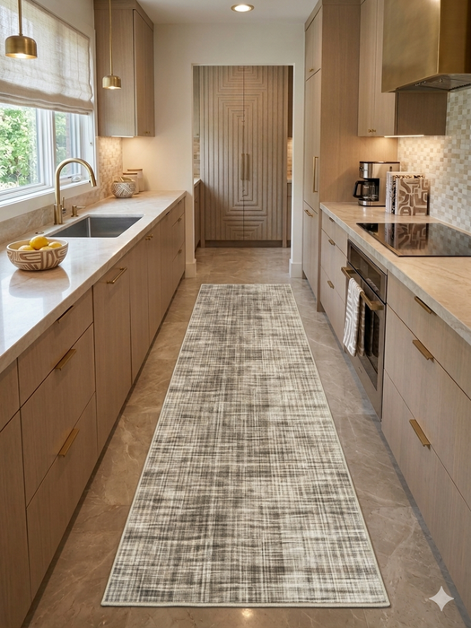 3' x 8' Runner Ivory Brown Grid Modern Washable Area Rug