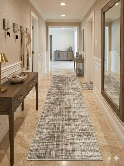 3' x 8' Runner Ivory Brown Grid Modern Washable Area Rug