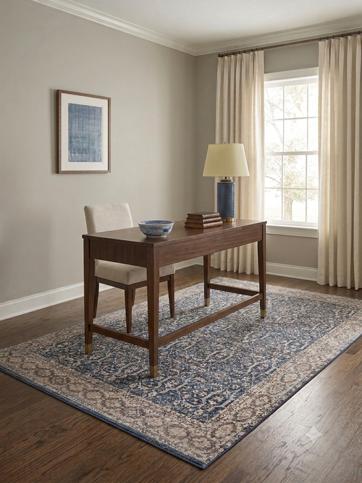 5' x 7' Rectangular Blue Ivory Geometric Traditional Washable Area Rug