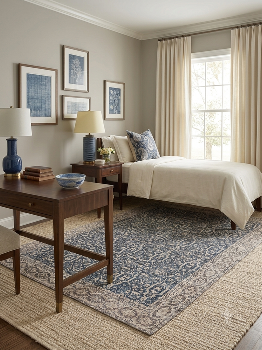 5' x 7' Rectangular Blue Ivory Geometric Traditional Washable Area Rug
