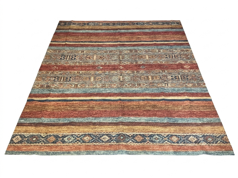 9' x 12' Rectangular Rust Blue Striped Southwestern Washable Area Rug