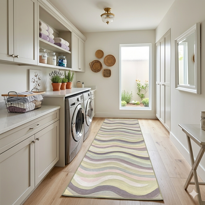 2.8' x 8' Runner Sage Green Lavender Wavy Striped Modern Washable Area Rug