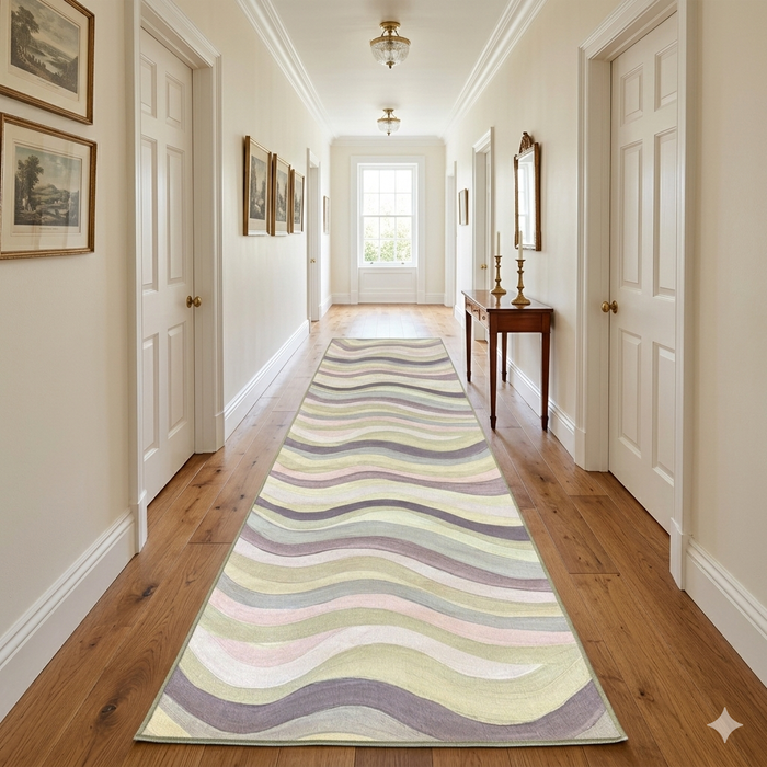 2.8' x 8' Runner Sage Green Lavender Wavy Striped Modern Washable Area Rug