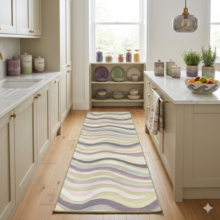 2.8' x 8' Runner Sage Green Lavender Wavy Striped Modern Washable Area Rug