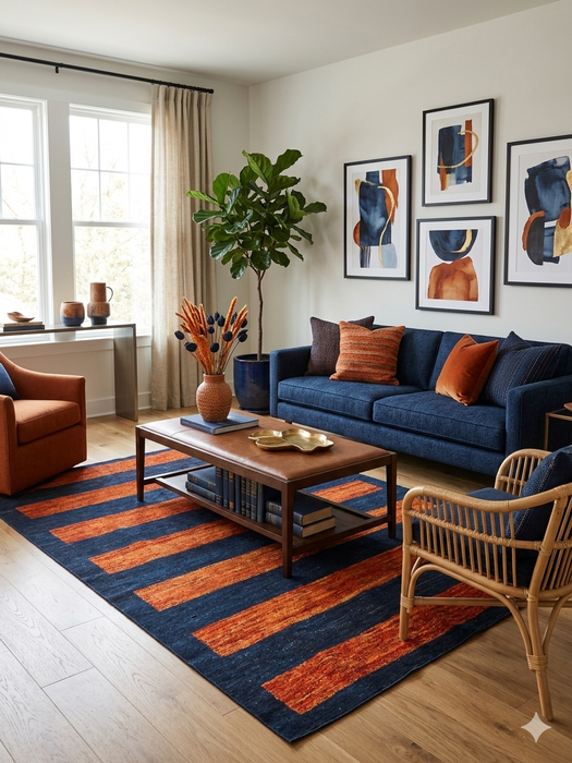 5' x 7' Rectangular Navy Blue Rust Striped Contemporary Washable Area Rug