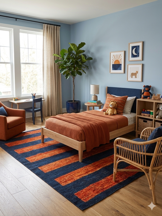 5' x 7' Rectangular Navy Blue Rust Striped Contemporary Washable Area Rug