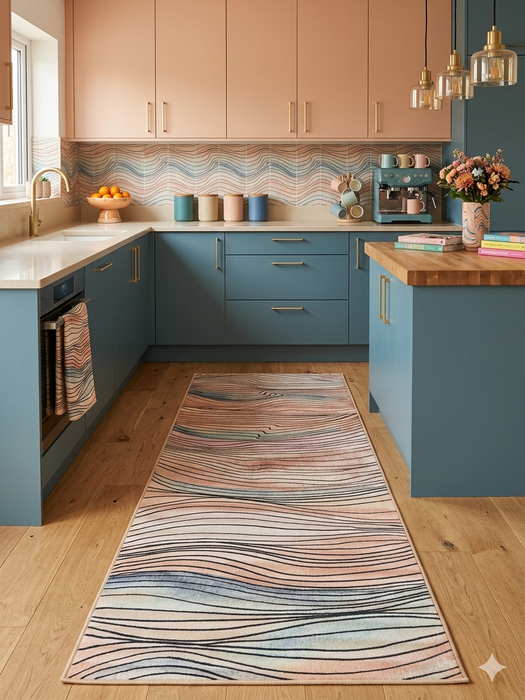 3' x 8' Runner Ivory Blush Blue Wavy Striped Modern Washable Area Rug