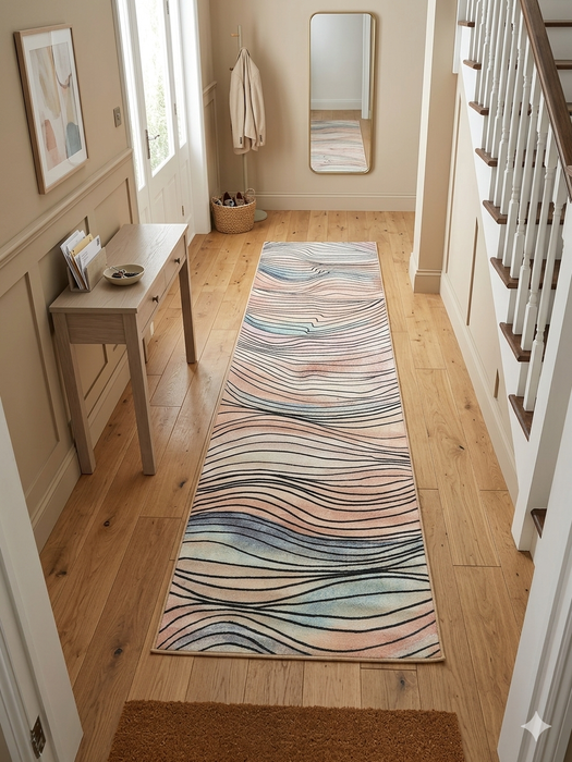 3' x 8' Runner Ivory Blush Blue Wavy Striped Modern Washable Area Rug
