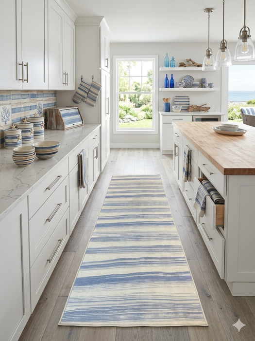 3' x 8' Runner Ivory Blue Striped Coastal Washable Area Rug