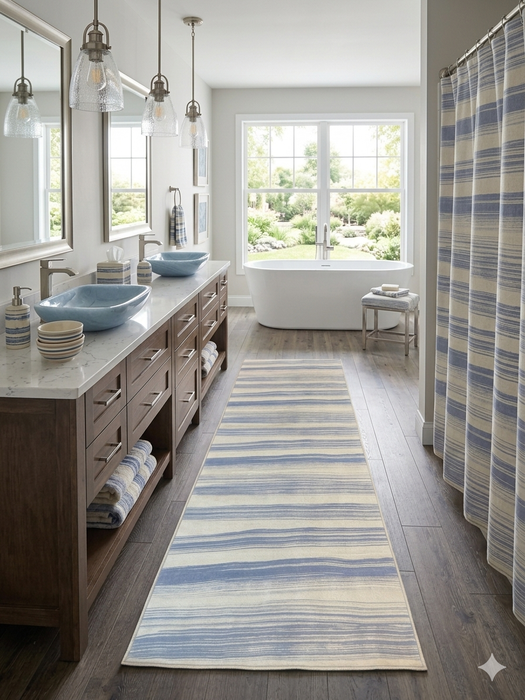 3' x 8' Runner Ivory Blue Striped Coastal Washable Area Rug