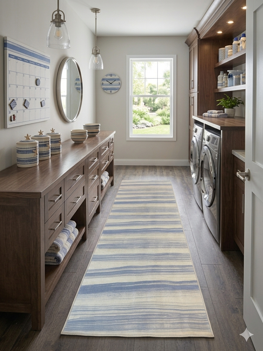 3' x 8' Runner Ivory Blue Striped Coastal Washable Area Rug