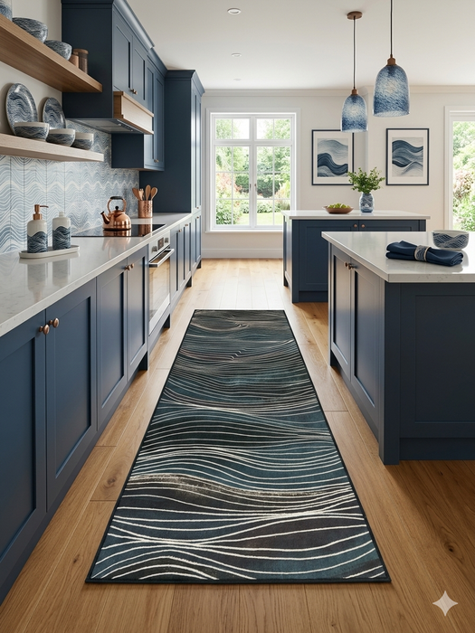 3' x 8' Runner Teal Navy Wavy Striped Modern Washable Area Rug