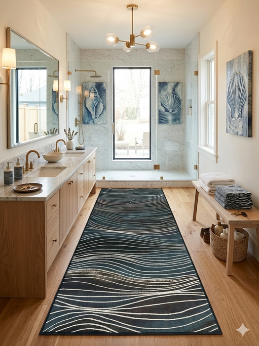 3' x 8' Runner Teal Navy Wavy Striped Modern Washable Area Rug