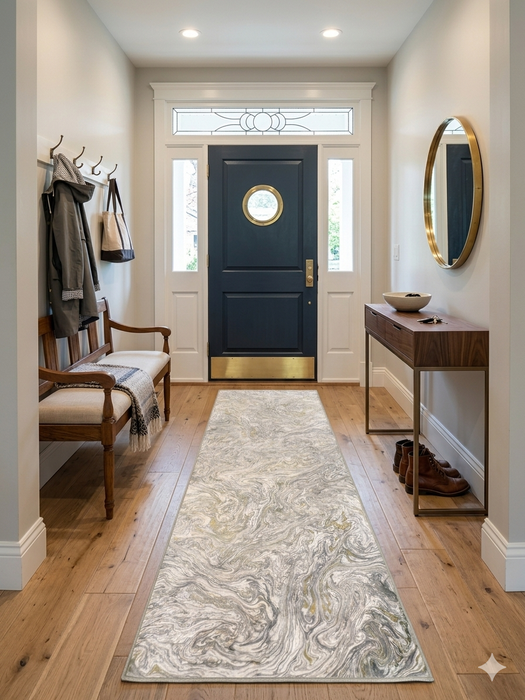 3' x 8' Runner Ivory Gray Gold Marble Abstract Modern Washable Area Rug