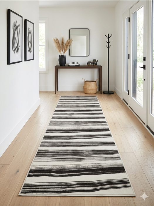 3' x 8' Runner Ivory Charcoal Striped Modern Washable Area Rug