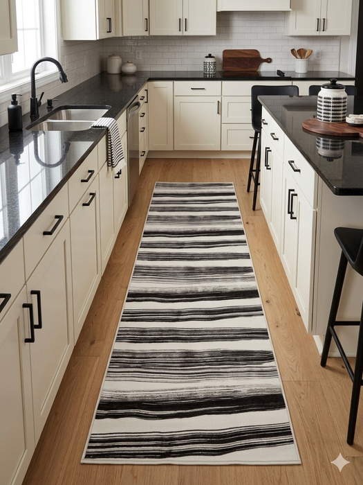 3' x 8' Runner Ivory Charcoal Striped Modern Washable Area Rug