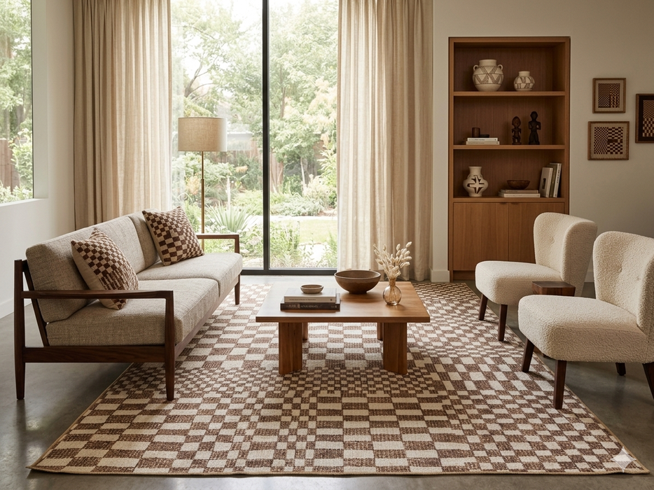6' x 9' Rectangular Brown Ivory Checkered Geometric Modern Washable Area Rug