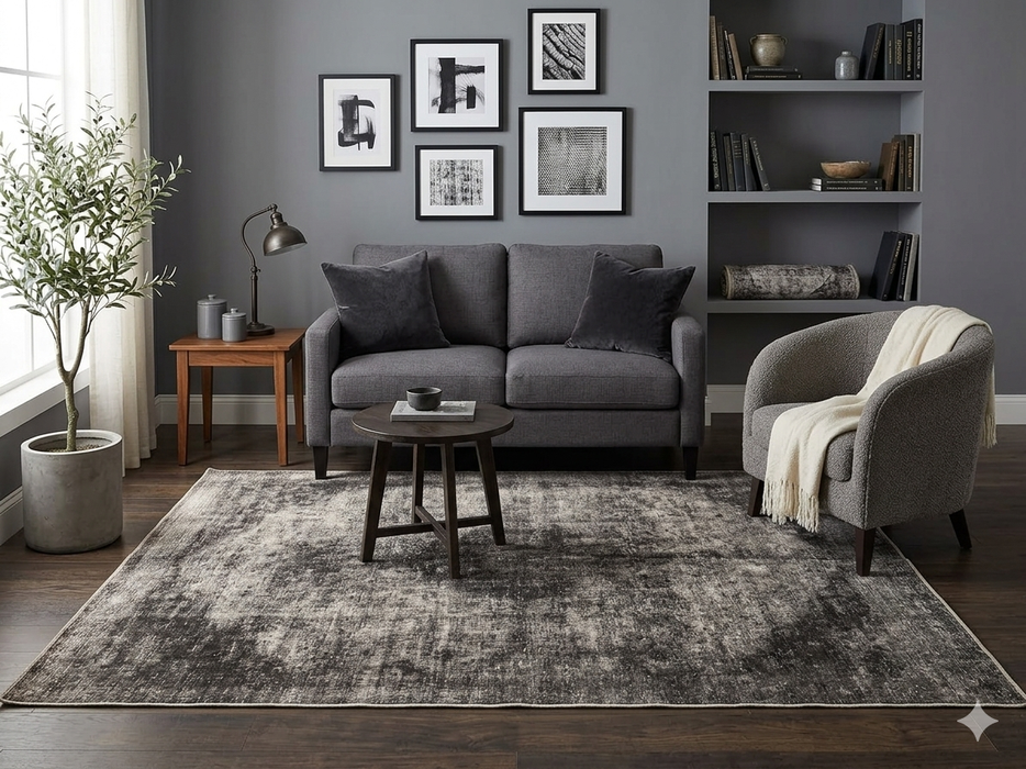 6' x 9' Rectangular Charcoal Gray Distressed Abstract Modern Washable Area Rug