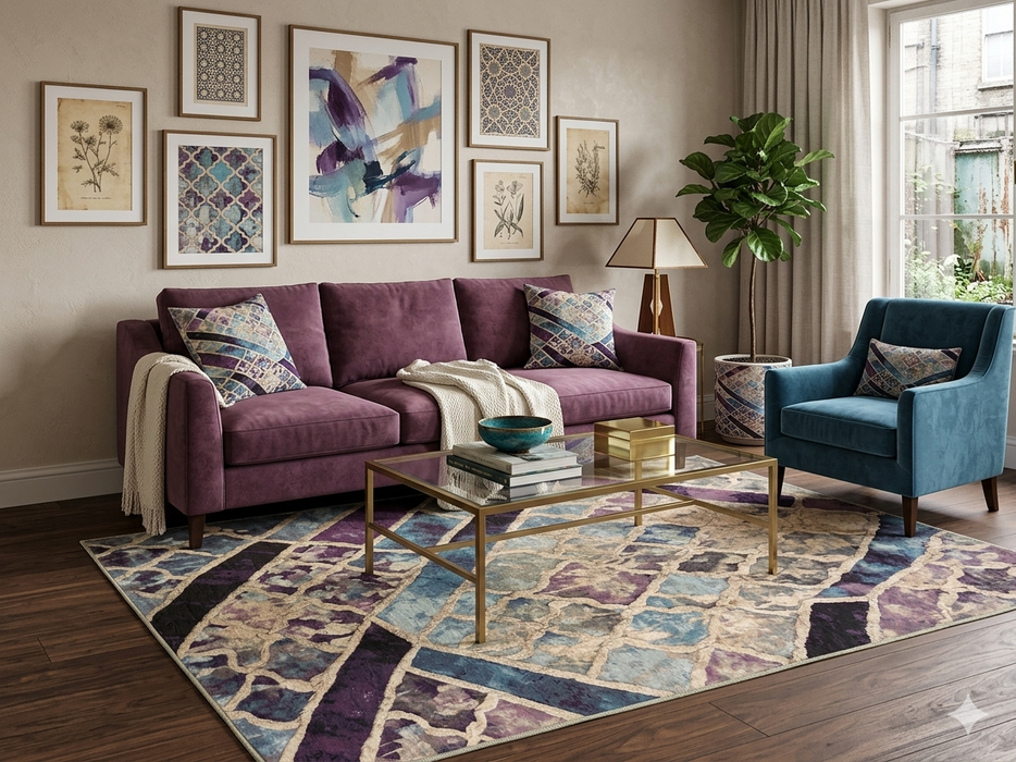 7' x 9' Rectangular Purple Blue Geometric Abstract Modern Washable Area Rug