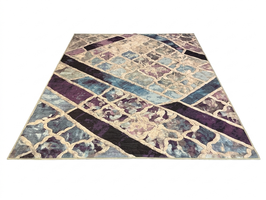 7' x 9' Rectangular Purple Blue Geometric Abstract Modern Washable Area Rug