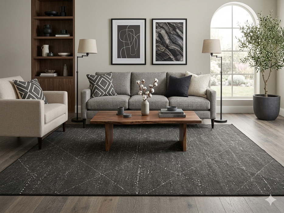 7' x 10' Rectangular Charcoal Ivory Diamond Geometric Modern Washable Area Rug
