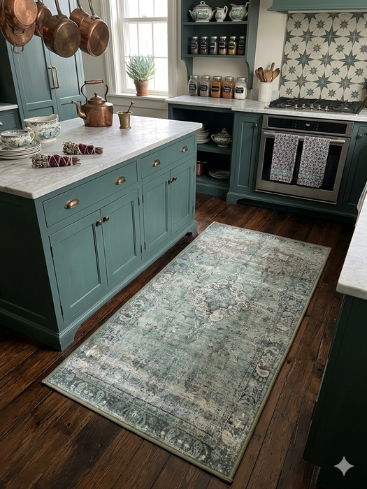 2' x 4' Runner Sage Green Ivory Distressed Medallion Vintage Washable Area Rug