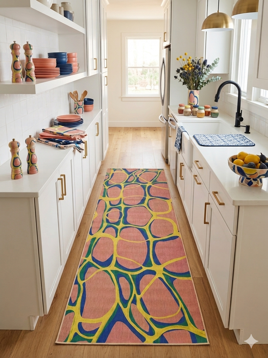 3' x 8' Runner Pink Blue Organic Abstract Modern Washable Area Rug