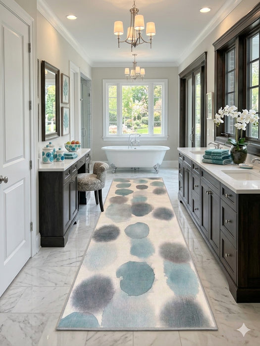 3' x 8' Runner Ivory Blue Watercolor Abstract Modern Washable Area Rug