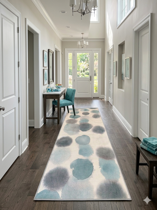 3' x 8' Runner Ivory Blue Watercolor Abstract Modern Washable Area Rug