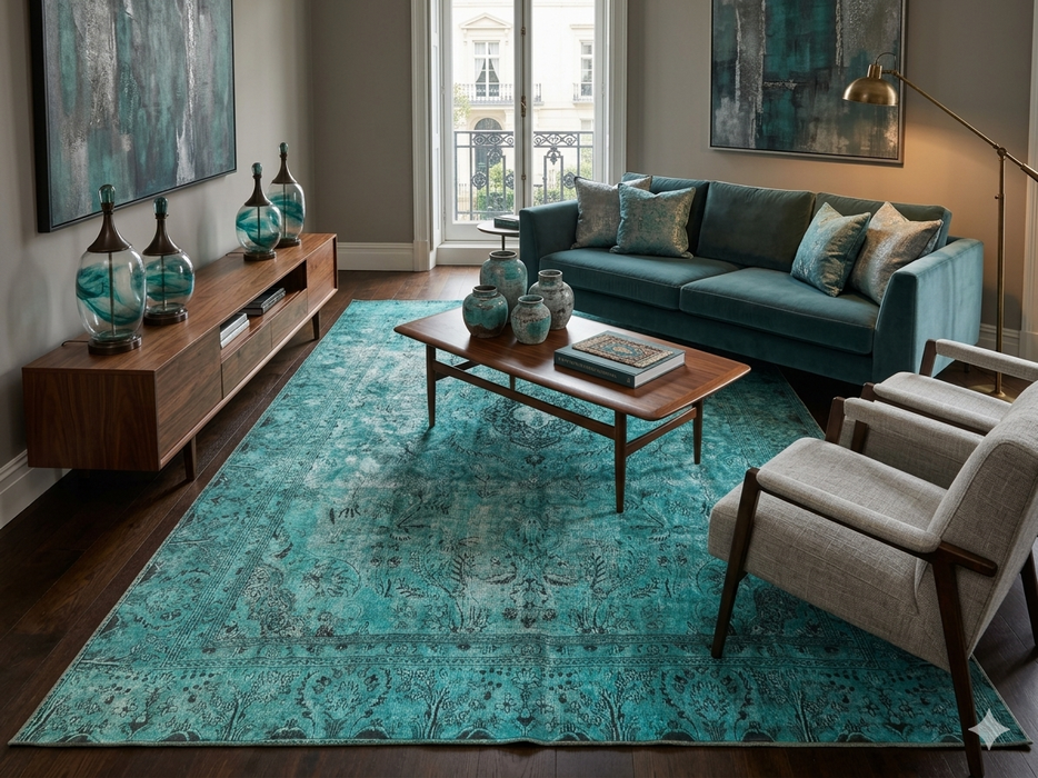 8' x 12' Rectangular Teal Black Distressed Medallion Vintage Washable Area Rug