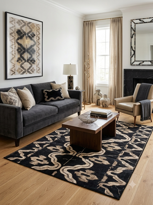 5' x 7' Rectangular Black Beige Tribal Geometric Modern Washable Area Rug
