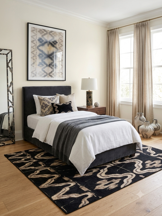 5' x 7' Rectangular Black Beige Tribal Geometric Modern Washable Area Rug