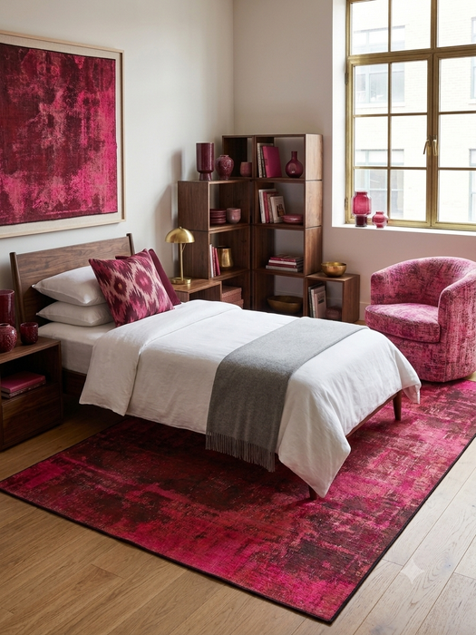 5' x 8' Rectangular Hot Pink Burgundy Distressed Abstract Modern Washable Area Rug