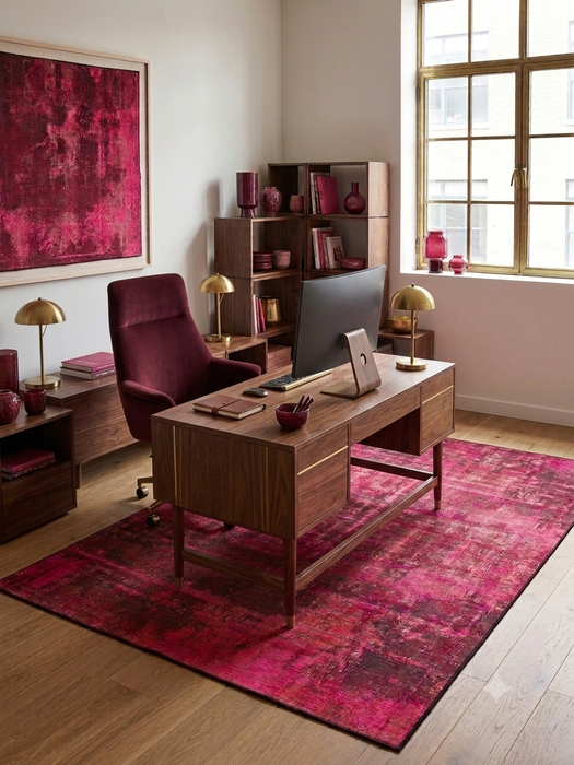 5' x 8' Rectangular Hot Pink Burgundy Distressed Abstract Modern Washable Area Rug