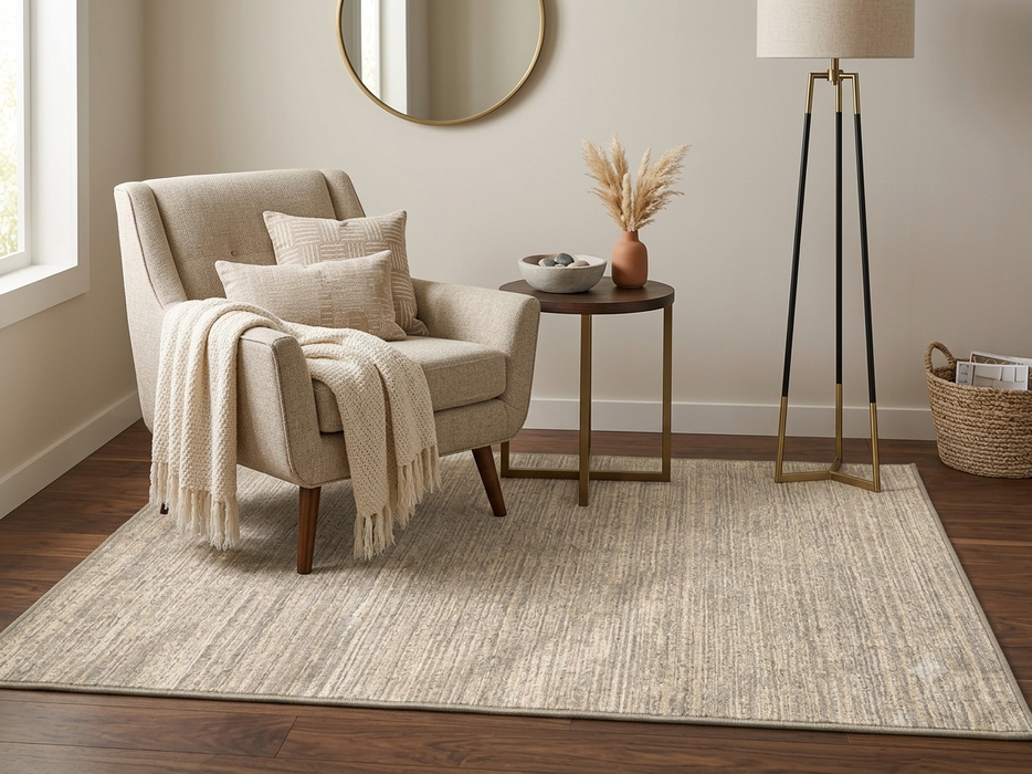 5' x 5' Square Beige Ivory Solid Textured Modern Washable Area Rug