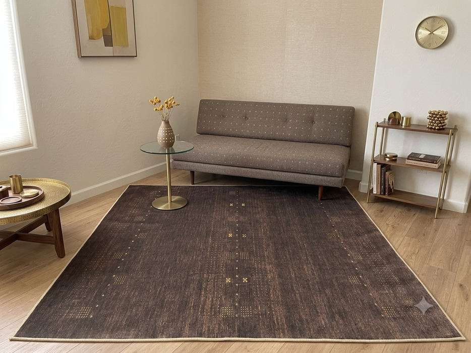 7' x 7' Square Brown Gold Solid Textured Contemporary Washable Area Rug