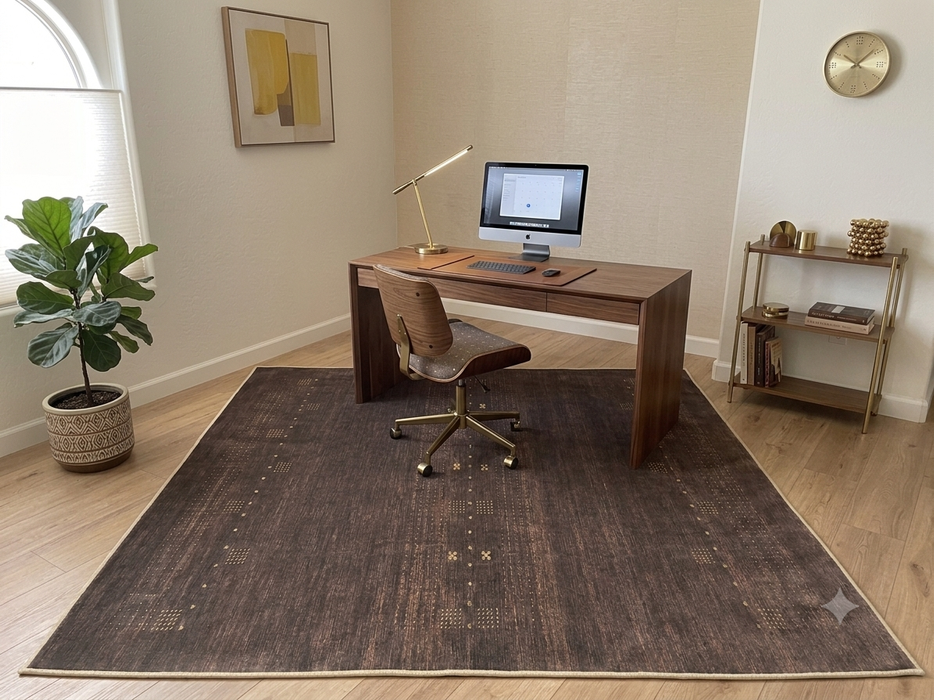 7' x 7' Square Brown Gold Solid Textured Contemporary Washable Area Rug
