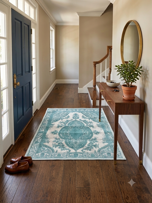 2' x 3' Rectangular Aqua Ivory Distressed Medallion Traditional Washable Area Rug