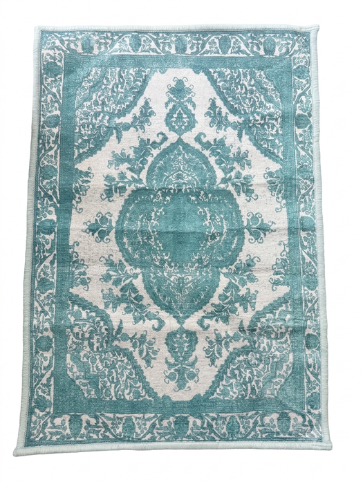2' x 3' Rectangular Aqua Ivory Distressed Medallion Traditional Washable Area Rug