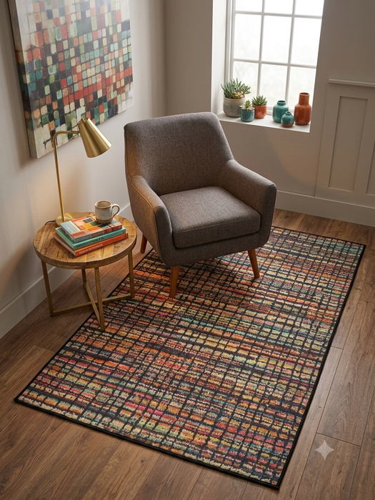 4' x 6' Rectangular Multicolor Grid Abstract Modern Washable Area Rug