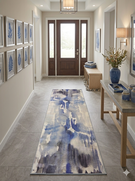 3' x 8' Runner Blue Gray Abstract Watercolor Modern Washable Area Rug