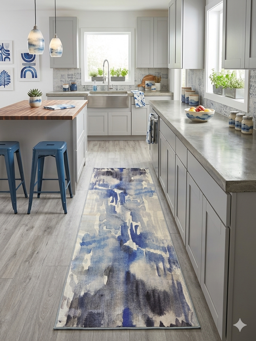 3' x 8' Runner Blue Gray Abstract Watercolor Modern Washable Area Rug