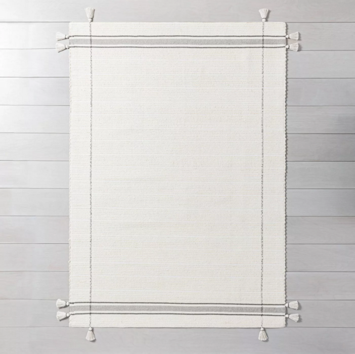 7' x 10' White/Gray Simple Border Stripe with Corner Tassel Rug - Hearth & Hand™ with Magnolia