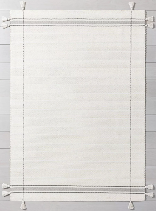 Size 5' x 7' Color White/Gray Hand Made Simple Border Stripe with Corner Tassel Rug