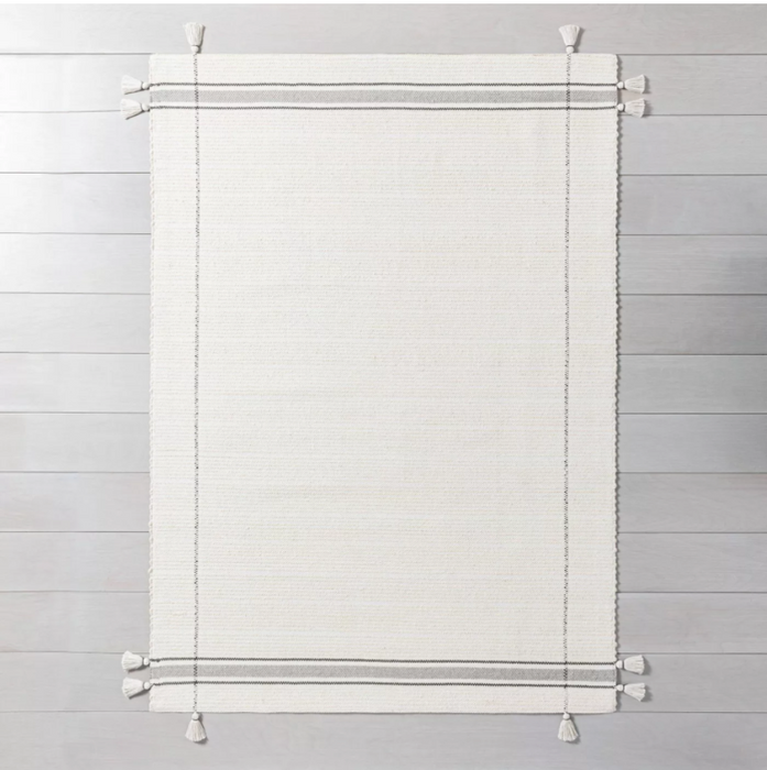 Size 5' x 7' Simple Border Stripe with Corner Tassel Rug White/Gray - Hearth & Hand™ with Magnolia