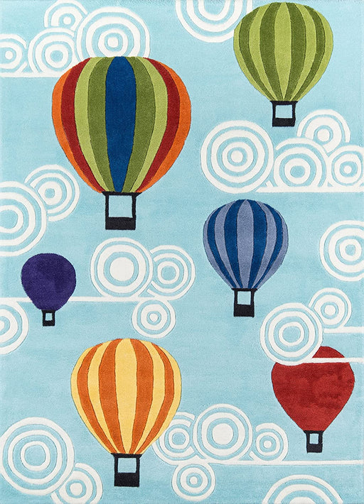 Momeni Rugs Lil' Mo Whimsy Collection, Kids Themed Hand Carved & Tufted Area Rug, 4' x 6', Multicolor Hot Air Balloons on Sky Blue